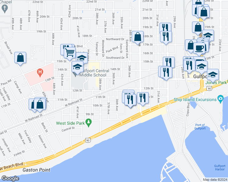 map of restaurants, bars, coffee shops, grocery stores, and more near 3609 12th Street in Gulfport