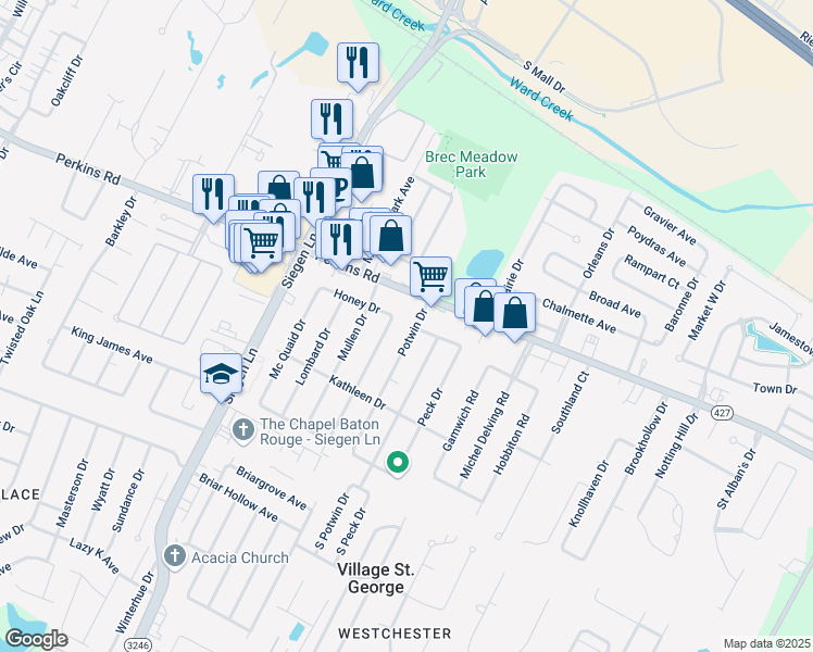 map of restaurants, bars, coffee shops, grocery stores, and more near 1977 Denver Drive in Baton Rouge