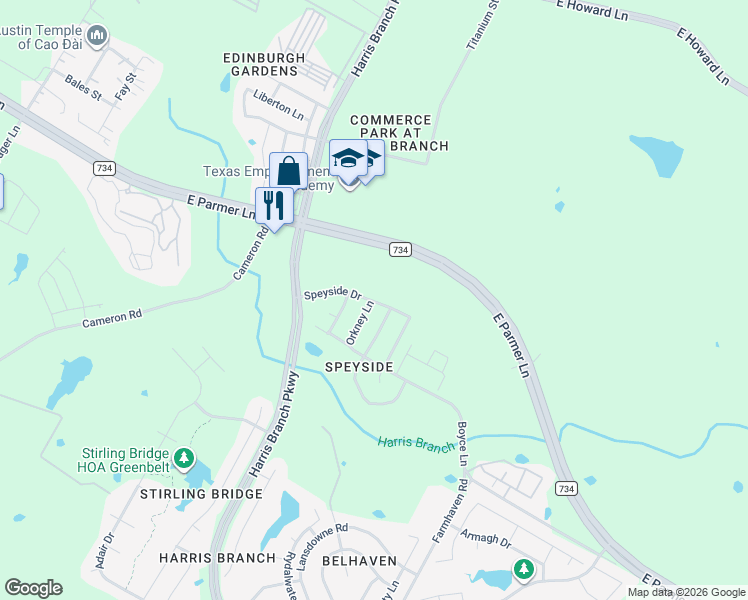 map of restaurants, bars, coffee shops, grocery stores, and more near 6112 Speyside Drive in Austin