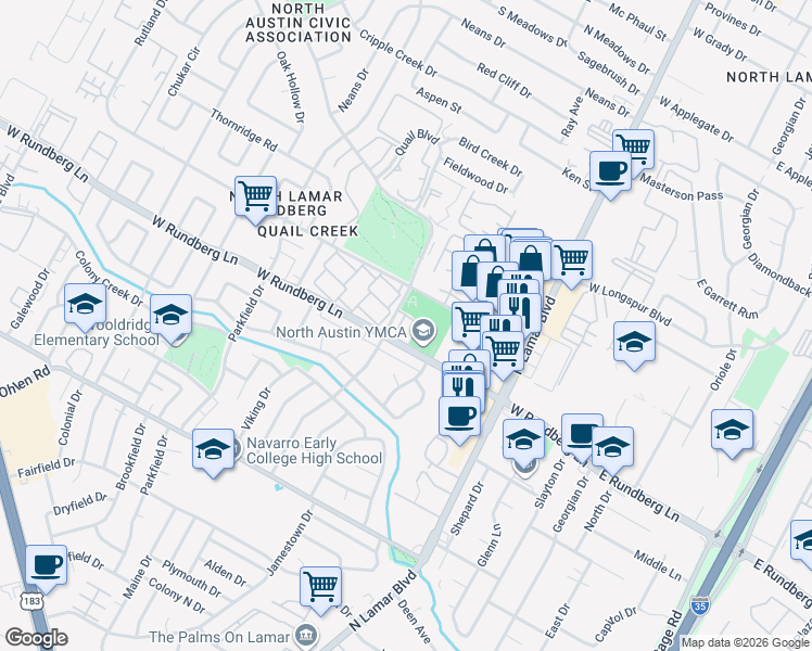 map of restaurants, bars, coffee shops, grocery stores, and more near 10 Mearns Meadow Boulevard in Austin