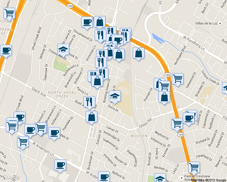 map of restaurants, bars, coffee shops, grocery stores, and more near Hathaway Drive & Shamrock Avenue in Austin