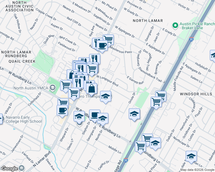 map of restaurants, bars, coffee shops, grocery stores, and more near 9711 Eastwend Drive in Austin