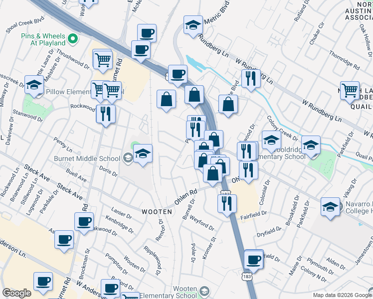 map of restaurants, bars, coffee shops, grocery stores, and more near 8615 Putnam Drive in Austin