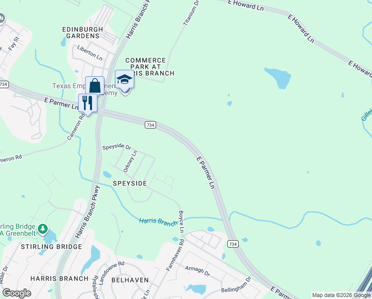 map of restaurants, bars, coffee shops, grocery stores, and more near 6625 East Parmer Lane in Manor