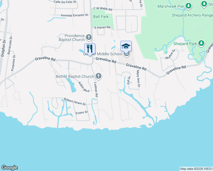 map of restaurants, bars, coffee shops, grocery stores, and more near 1605 Fairhaven Drive in Gautier