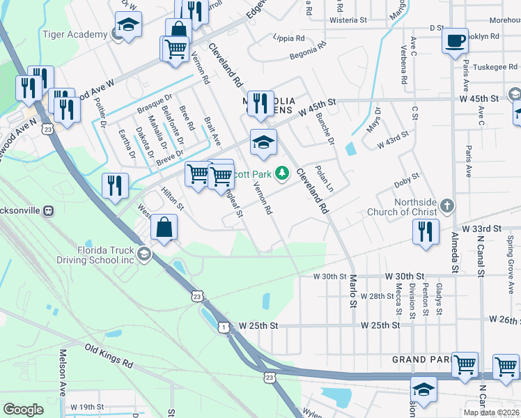 map of restaurants, bars, coffee shops, grocery stores, and more near 5268 Vernon Road in Jacksonville