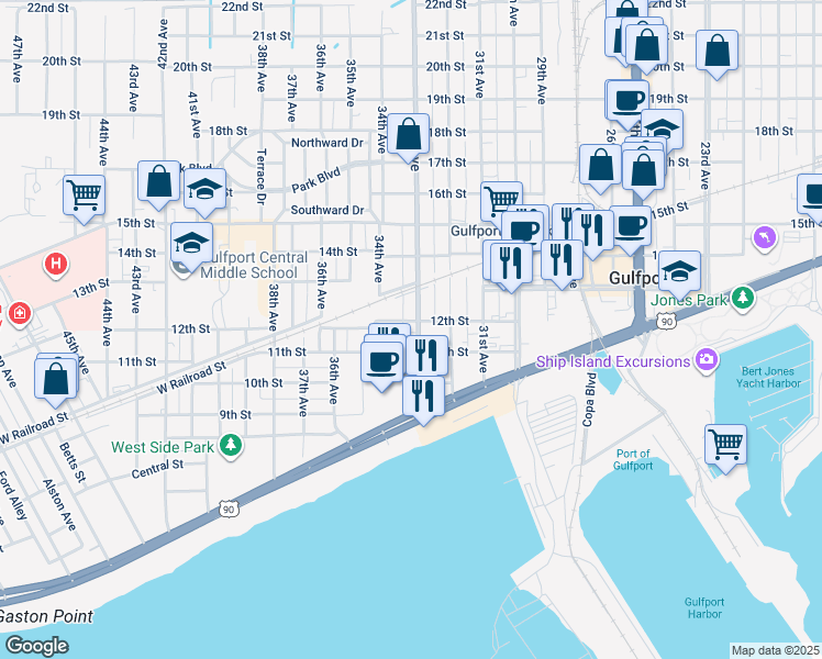 map of restaurants, bars, coffee shops, grocery stores, and more near 3302 12th Street in Gulfport