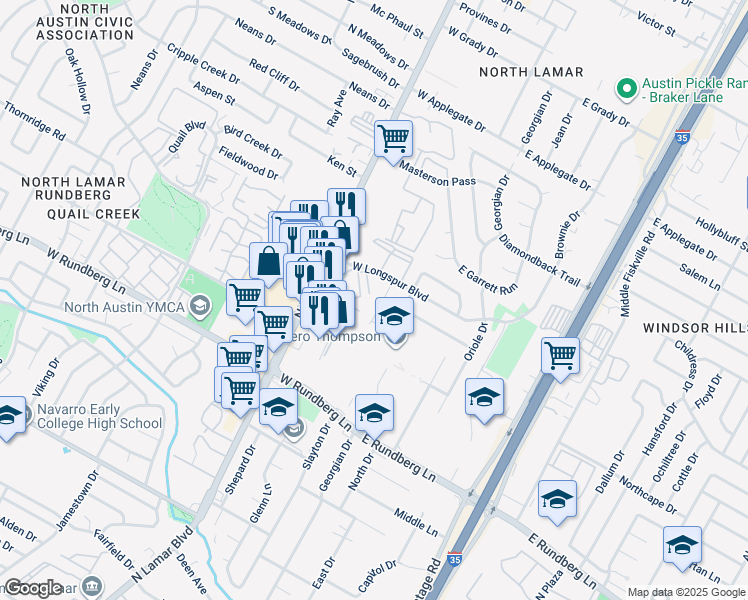 map of restaurants, bars, coffee shops, grocery stores, and more near 9713A Eastwend Drive in Austin