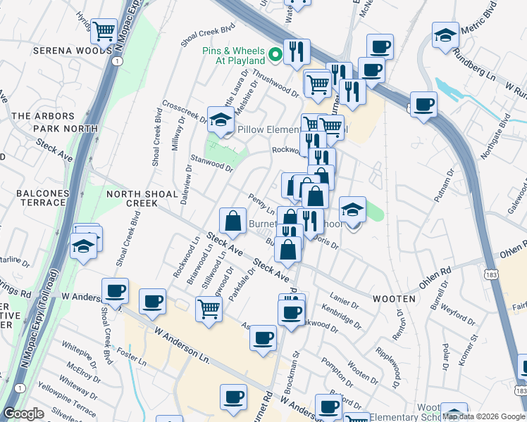 map of restaurants, bars, coffee shops, grocery stores, and more near 2602 Penny Lane in Austin