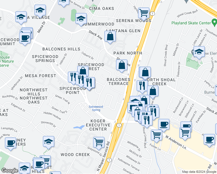 map of restaurants, bars, coffee shops, grocery stores, and more near 8100 Sonnet Avenue in Austin