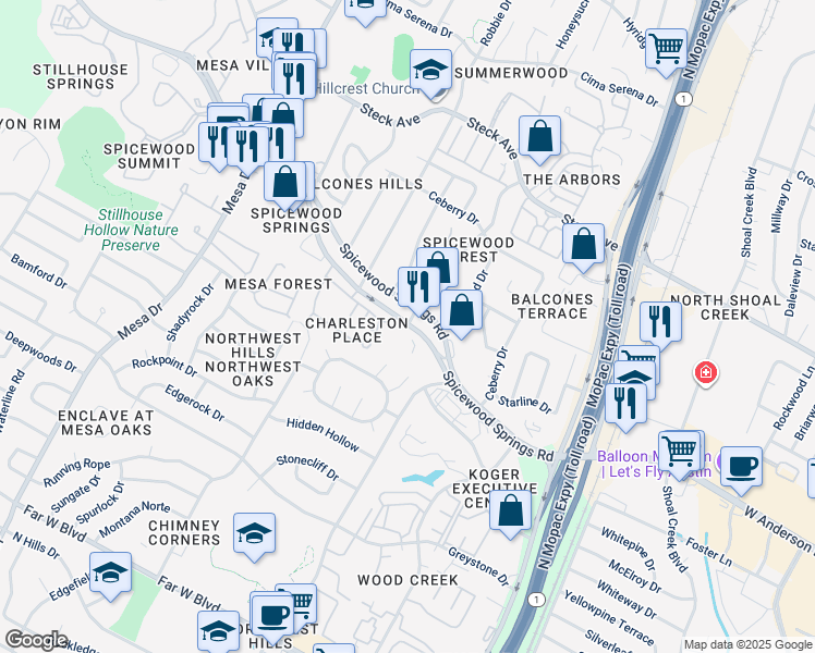 map of restaurants, bars, coffee shops, grocery stores, and more near 3901a Spicewood Springs Road in Austin