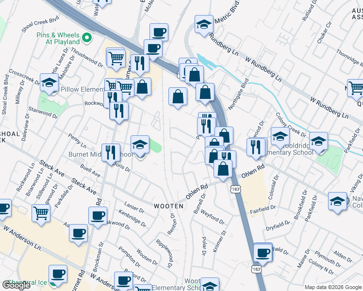 map of restaurants, bars, coffee shops, grocery stores, and more near 1908 Hearthside Drive in Austin