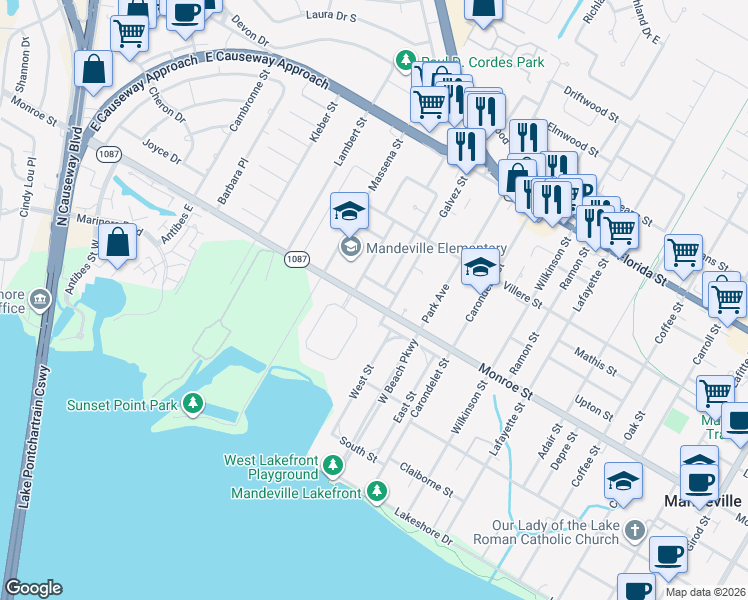 map of restaurants, bars, coffee shops, grocery stores, and more near 2903 Monroe Street in Mandeville