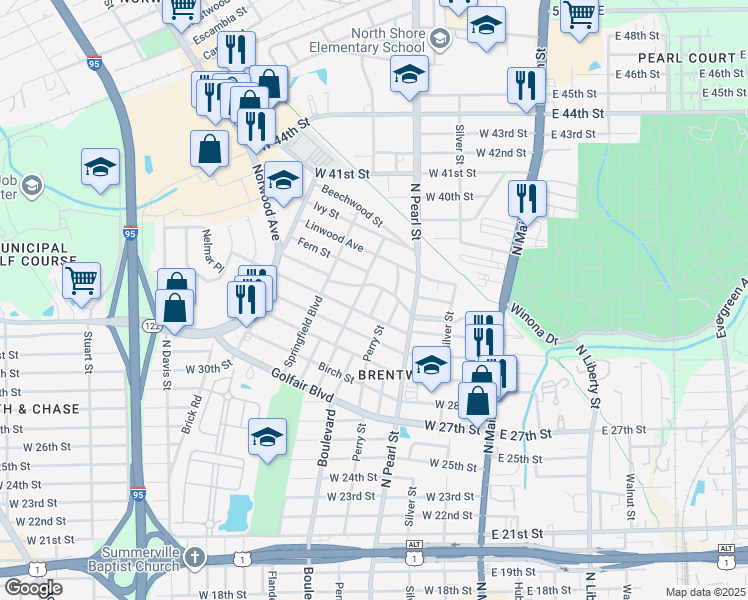 map of restaurants, bars, coffee shops, grocery stores, and more near 438 Long Branch Boulevard in Jacksonville