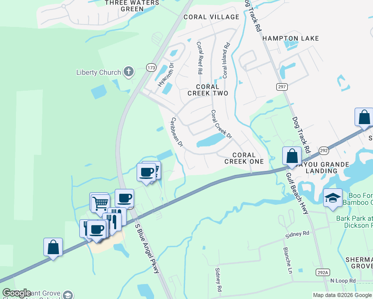 map of restaurants, bars, coffee shops, grocery stores, and more near 9047 Caribbean Drive in Pensacola