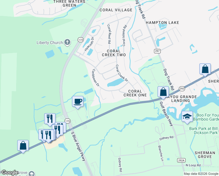 map of restaurants, bars, coffee shops, grocery stores, and more near 9036 Caribbean Drive in Pensacola