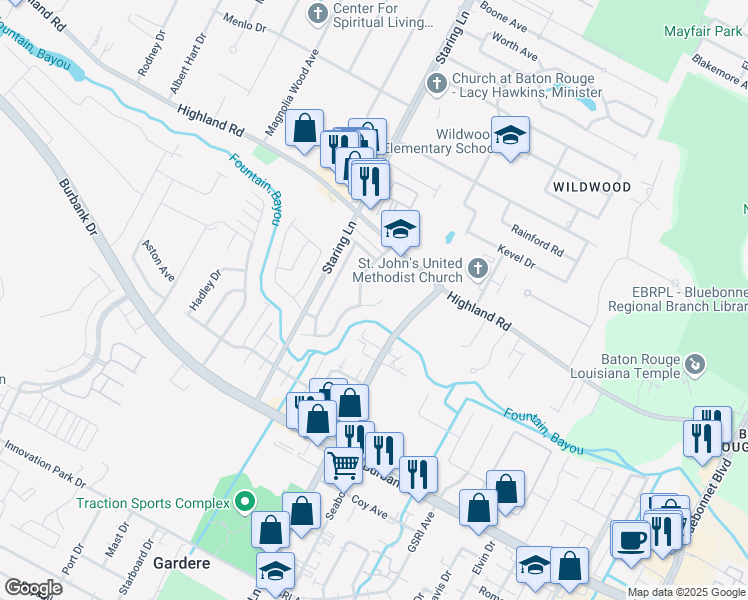 map of restaurants, bars, coffee shops, grocery stores, and more near 9363 Fox Run Avenue in Baton Rouge