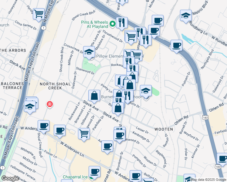 map of restaurants, bars, coffee shops, grocery stores, and more near 2600 Penny Lane in Austin