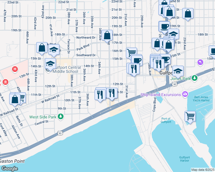 map of restaurants, bars, coffee shops, grocery stores, and more near 3305 12th Street in Gulfport