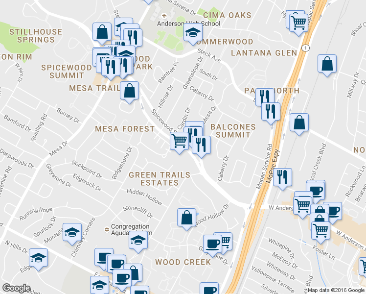 map of restaurants, bars, coffee shops, grocery stores, and more near Spicewood Springs Rd & Forest Mesa Dr in Austin