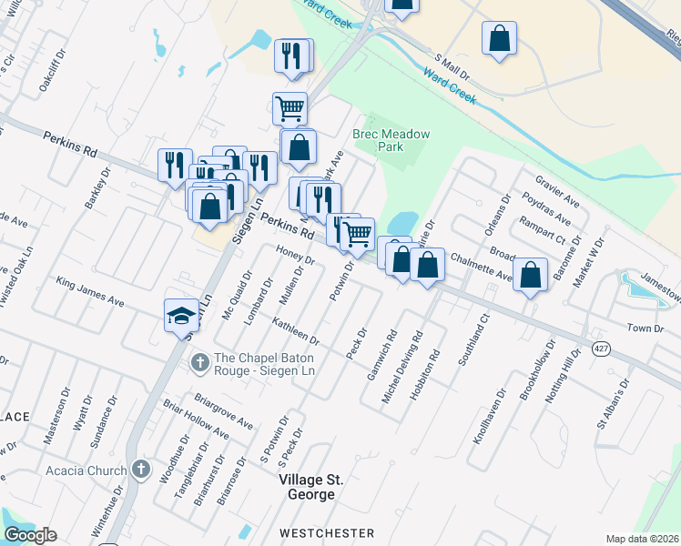 map of restaurants, bars, coffee shops, grocery stores, and more near 13510 Perkins Road in Baton Rouge