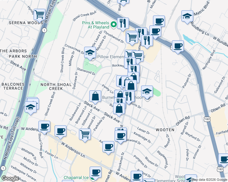 map of restaurants, bars, coffee shops, grocery stores, and more near 2602 Penny Lane in Austin