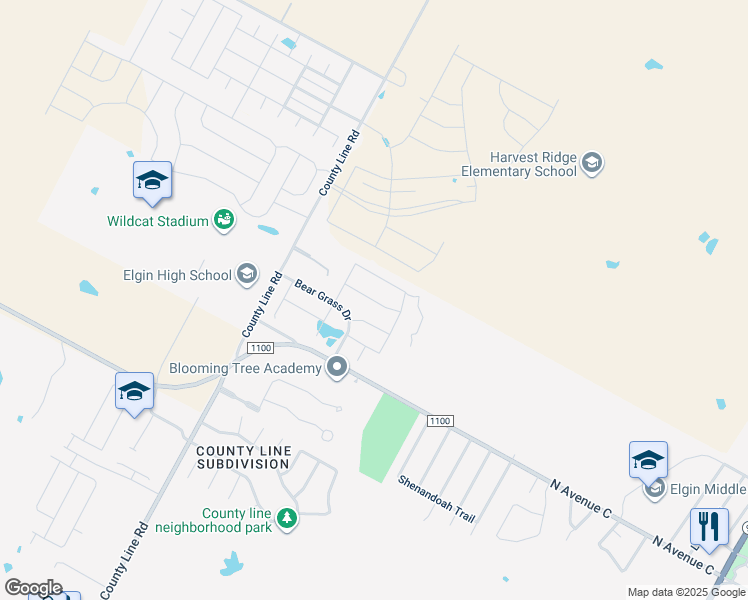 map of restaurants, bars, coffee shops, grocery stores, and more near 1537 Raymond Johnson Road in Elgin