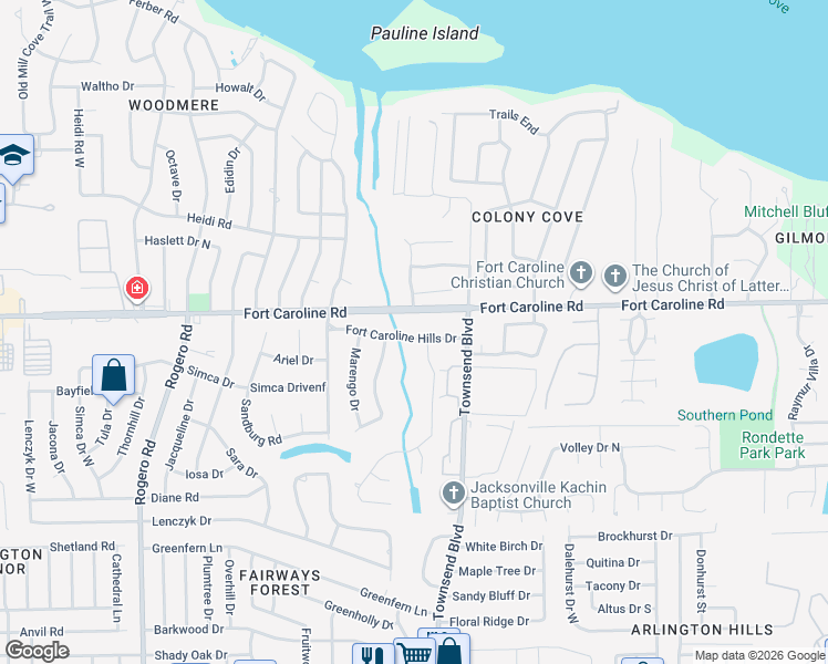map of restaurants, bars, coffee shops, grocery stores, and more near 7053 Fort Caroline Hills Drive in Jacksonville