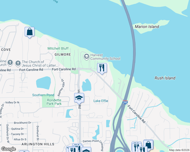 map of restaurants, bars, coffee shops, grocery stores, and more near 8412 Fort Caroline Road in Jacksonville