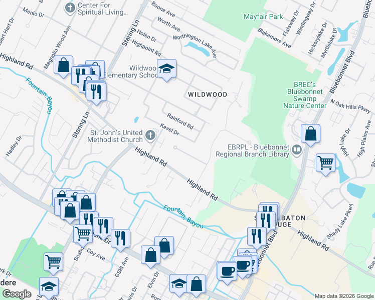 map of restaurants, bars, coffee shops, grocery stores, and more near 9703 Myrtle Lane in Baton Rouge