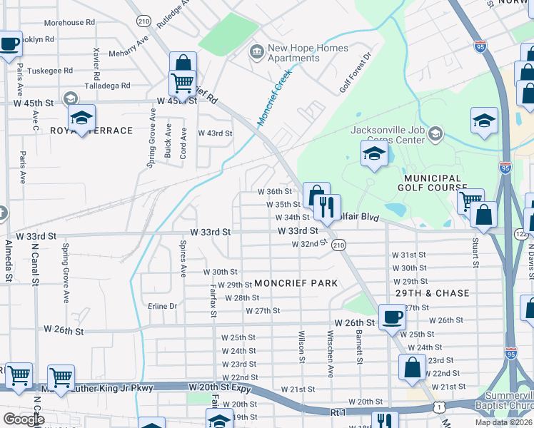 map of restaurants, bars, coffee shops, grocery stores, and more near 1636 West 35th Street in Jacksonville