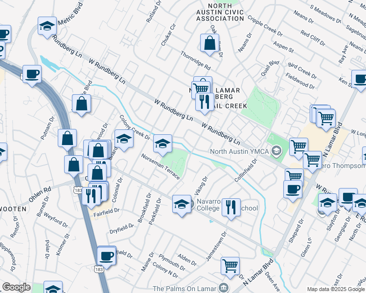 map of restaurants, bars, coffee shops, grocery stores, and more near 1306 Colony Creek Drive in Austin
