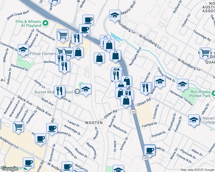 map of restaurants, bars, coffee shops, grocery stores, and more near 1908 Hearthside Drive in Austin
