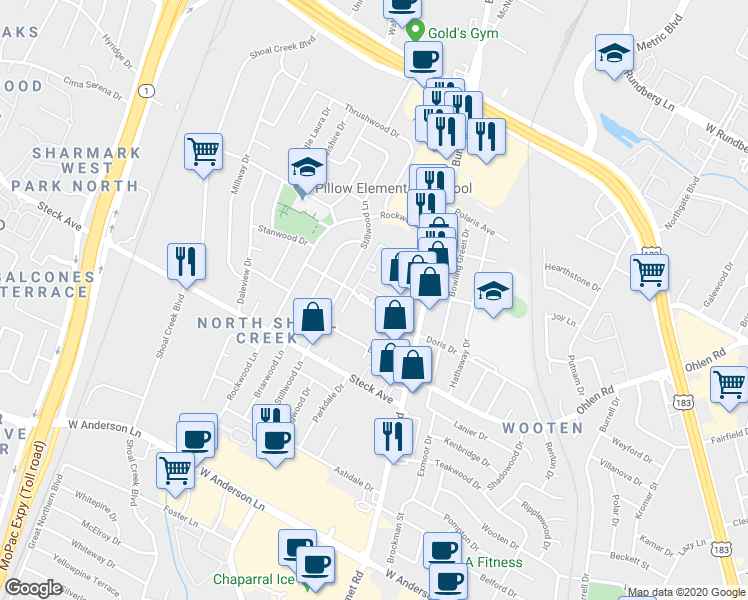 map of restaurants, bars, coffee shops, grocery stores, and more near 2602 Penny Lane in Austin