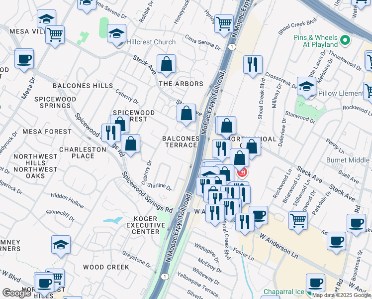 map of restaurants, bars, coffee shops, grocery stores, and more near 8100 North Mopac Expressway in Austin