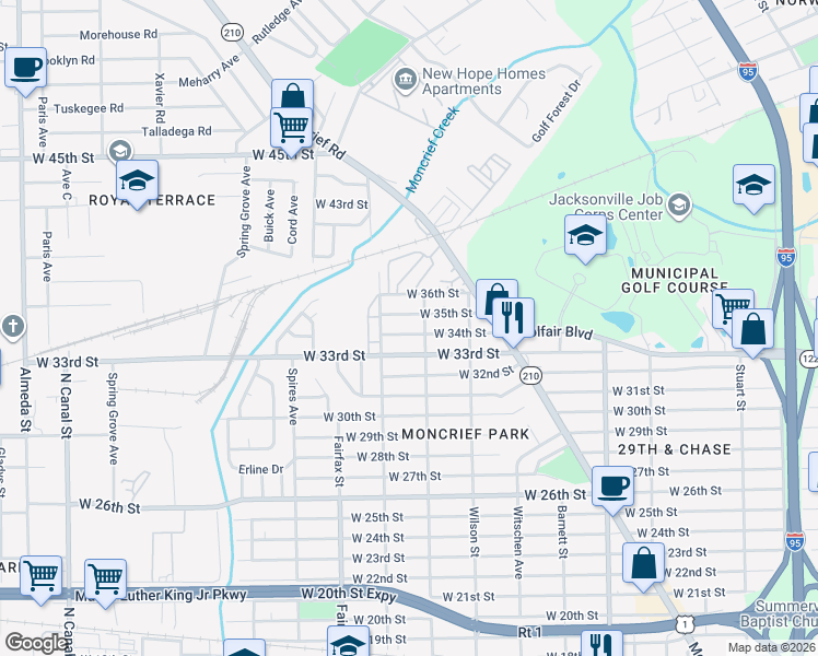 map of restaurants, bars, coffee shops, grocery stores, and more near 1636 West 35th Street in Jacksonville