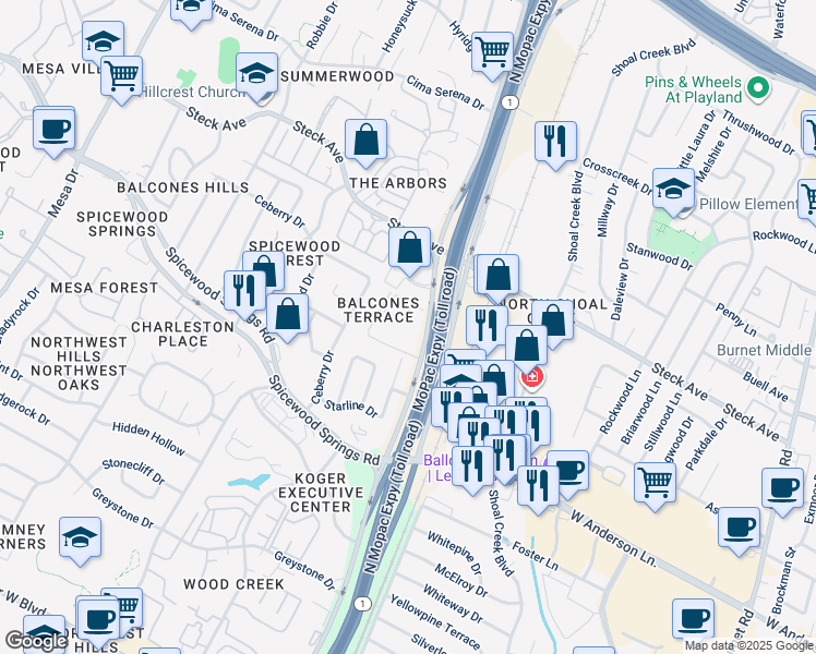 map of restaurants, bars, coffee shops, grocery stores, and more near 8100 North Mopac Expressway in Austin