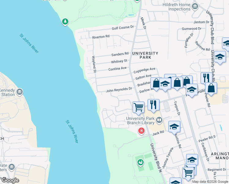 map of restaurants, bars, coffee shops, grocery stores, and more near 5374 John Reynolds Drive in Jacksonville