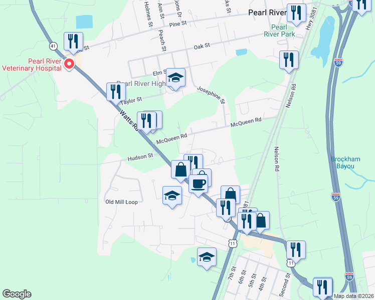 map of restaurants, bars, coffee shops, grocery stores, and more near 64283 Pearl St in Pearl River