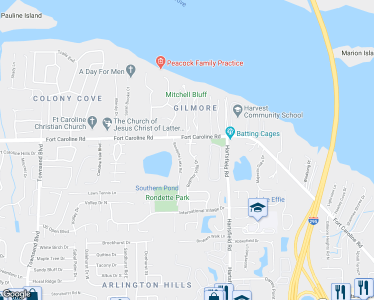 map of restaurants, bars, coffee shops, grocery stores, and more near 3578 Raymur Villa Drive in Jacksonville