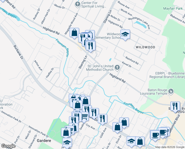 map of restaurants, bars, coffee shops, grocery stores, and more near 9273 Fox Run Avenue in Baton Rouge