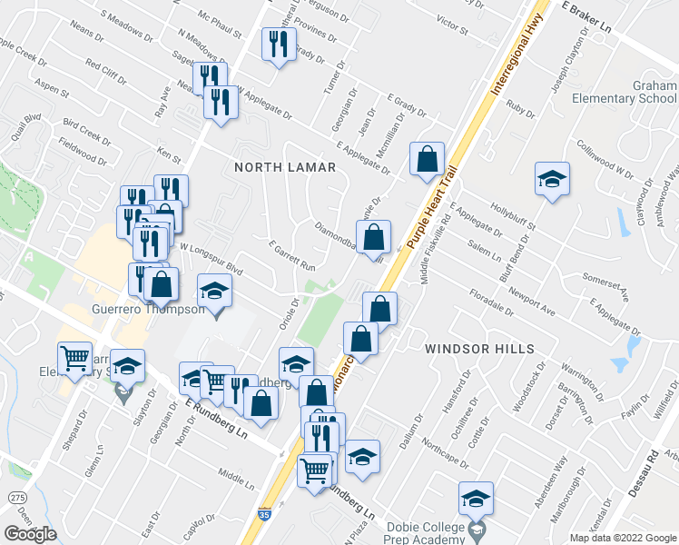 map of restaurants, bars, coffee shops, grocery stores, and more near 10008 Brownie Drive in Austin
