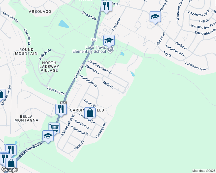 map of restaurants, bars, coffee shops, grocery stores, and more near 15107 Holly Lane in Austin