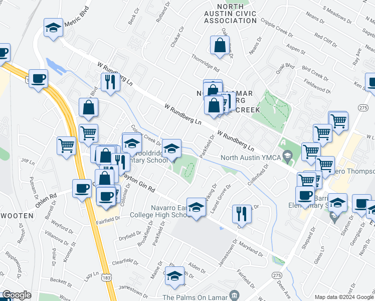map of restaurants, bars, coffee shops, grocery stores, and more near 1306 Colony Creek Drive in Austin