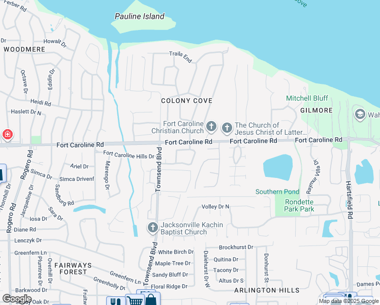 map of restaurants, bars, coffee shops, grocery stores, and more near 7535 Colony Cove Lane in Jacksonville