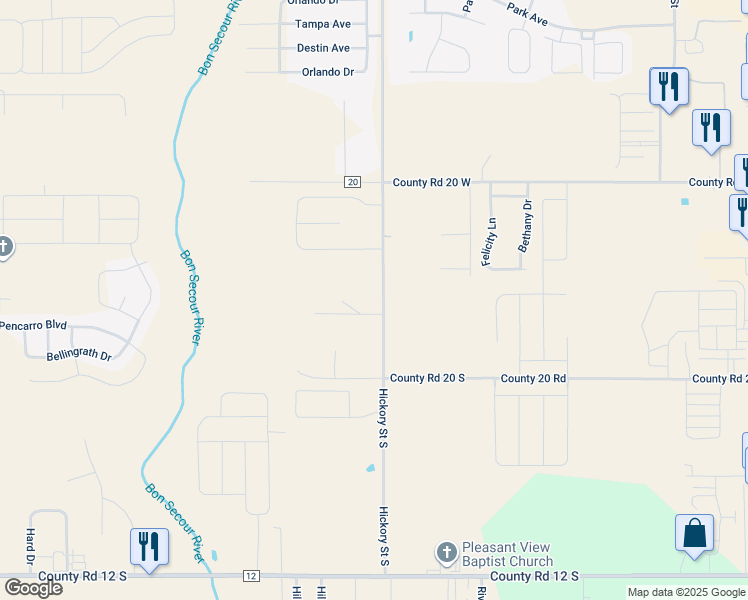 map of restaurants, bars, coffee shops, grocery stores, and more near 9697 Hickory Street South in Foley