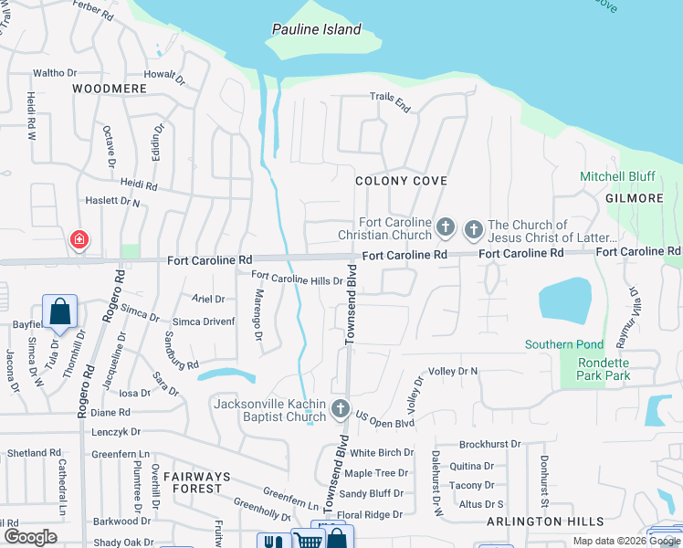 map of restaurants, bars, coffee shops, grocery stores, and more near 7121 Fort Caroline Hills Drive in Jacksonville
