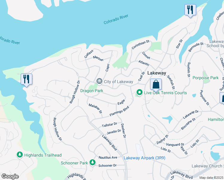 map of restaurants, bars, coffee shops, grocery stores, and more near 600 Dragon in Lakeway