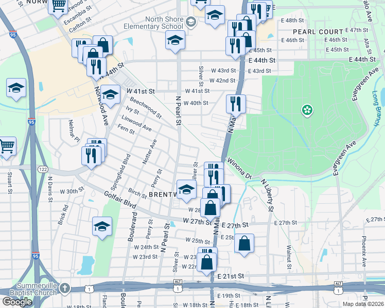 map of restaurants, bars, coffee shops, grocery stores, and more near 115 Fern Street in Jacksonville