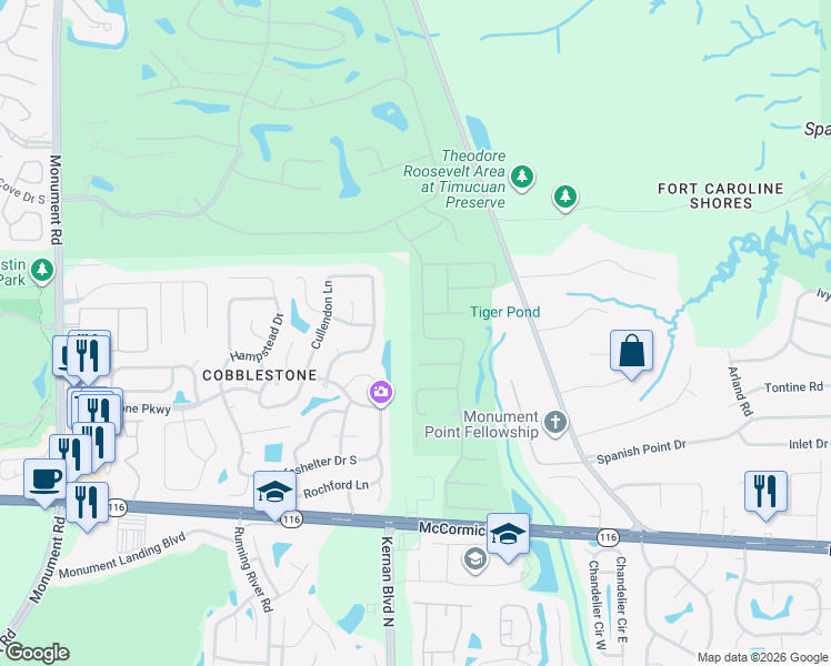 map of restaurants, bars, coffee shops, grocery stores, and more near 3204 Southern Hills Circle West in Jacksonville